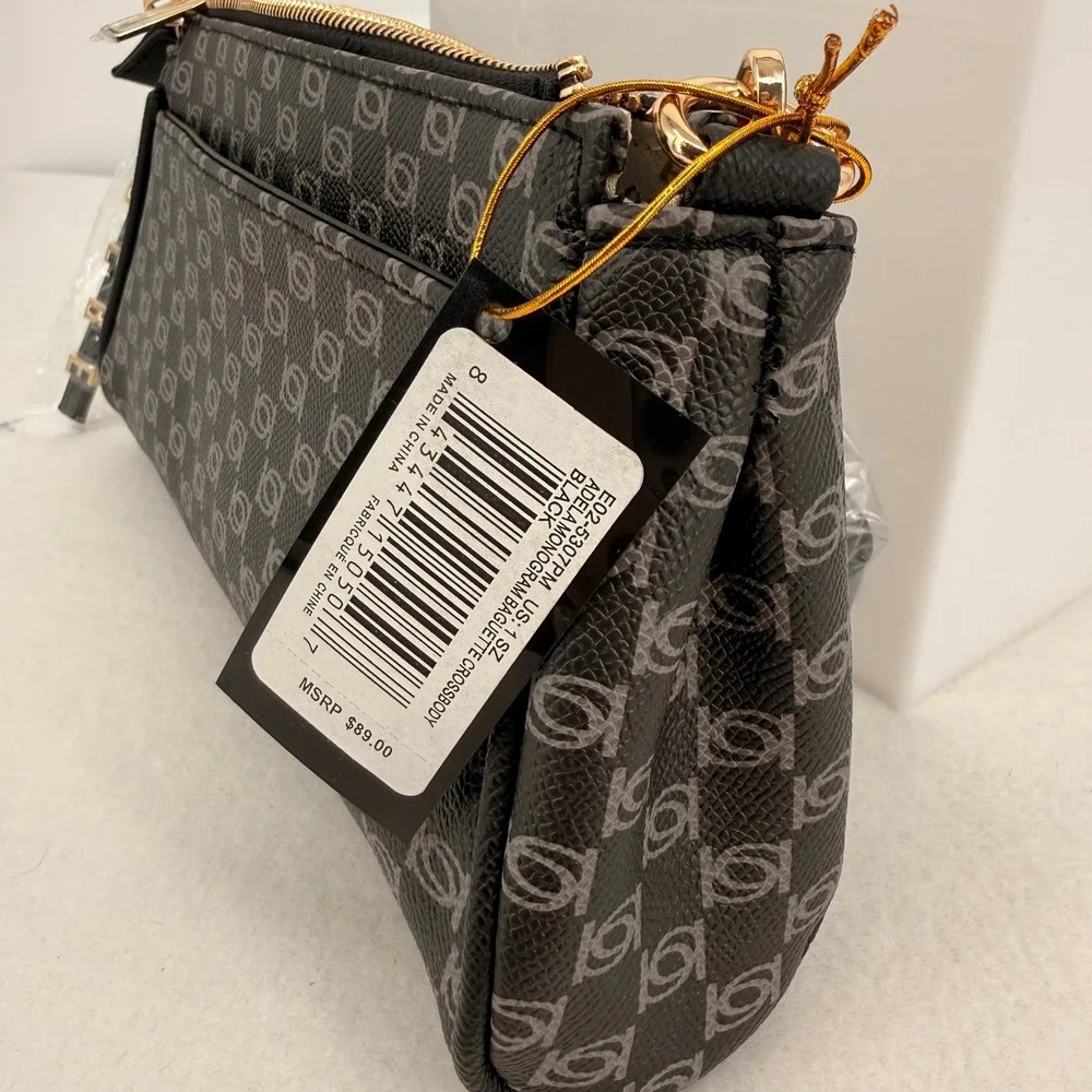 Bebe Adela Monogram Baguette Crossbody Bag Black Logo Print E02-5307PM NEW